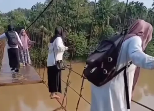 Detik-detik Menegangkan Guru Jambi Seberangi Jembatan Rusak Demi Murid